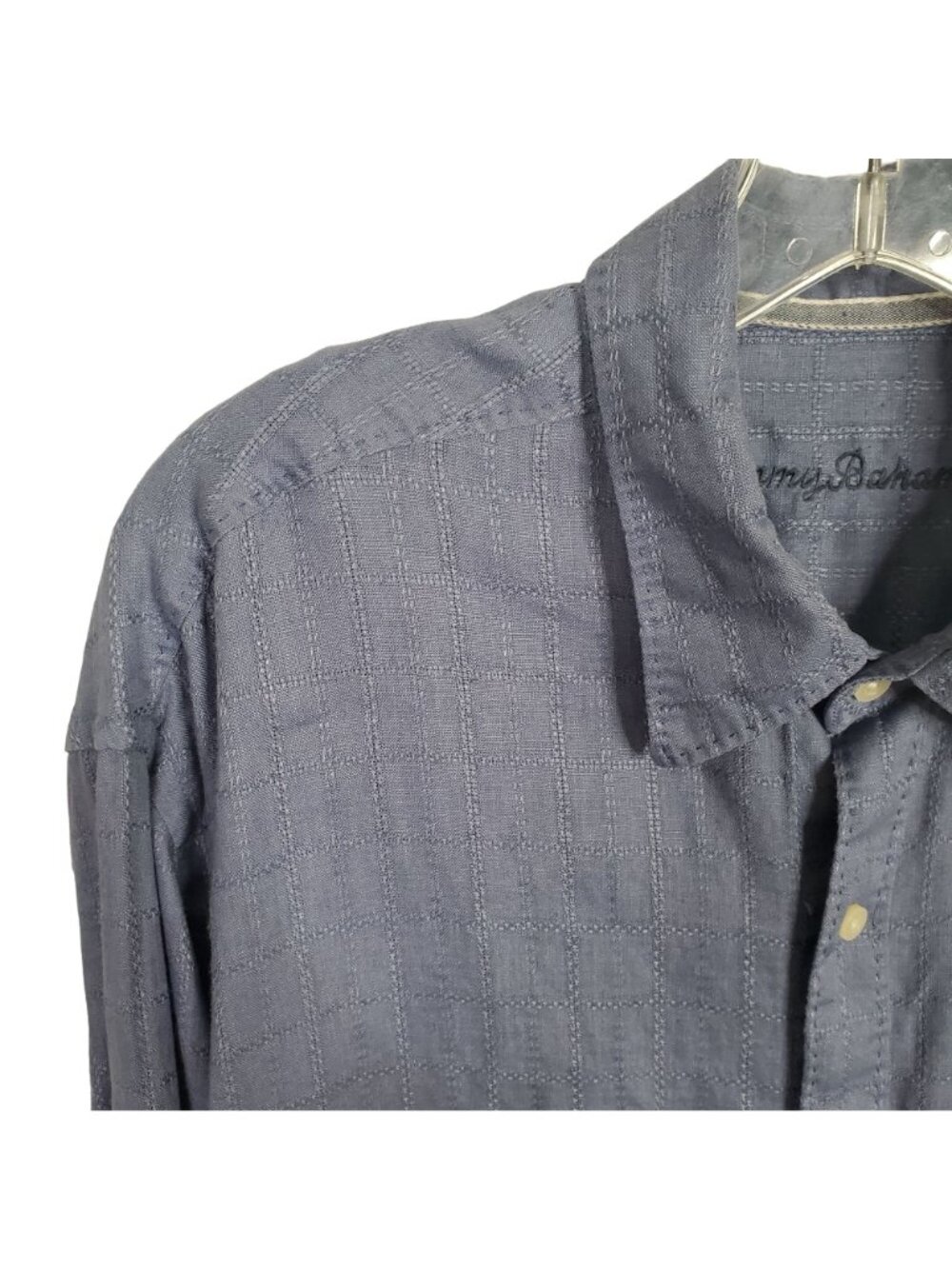 Tommy Bahama Mens Size XL Shirt 100% Linen Top Stitched Windowpane Button Blue - Picture 4 of 8